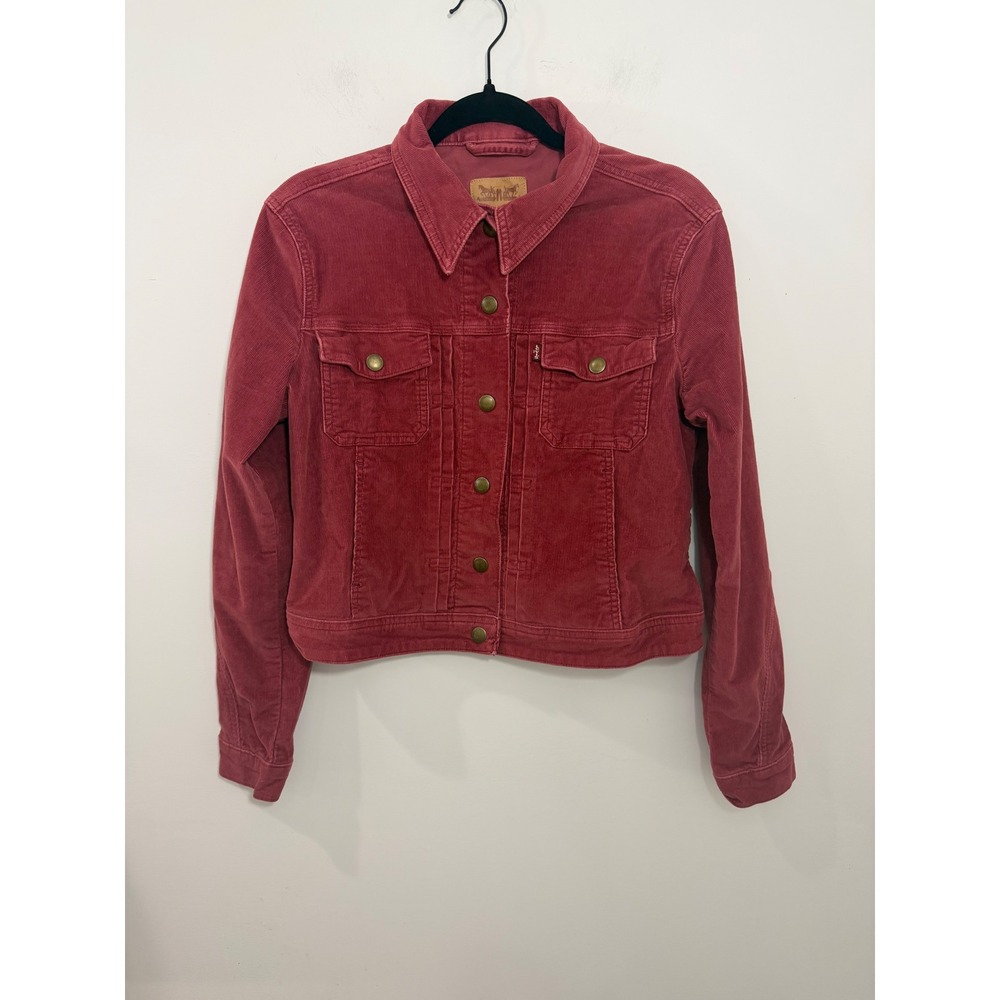 Levis Corduroy Trucker Jacket Womens Large Red Burgundy Button Front Coat - Picture 1 of 8